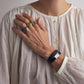 Woman wearing white shirt and navy Kimsey Watch in Brown Leather “Double Wrap” Strap and silver hardware