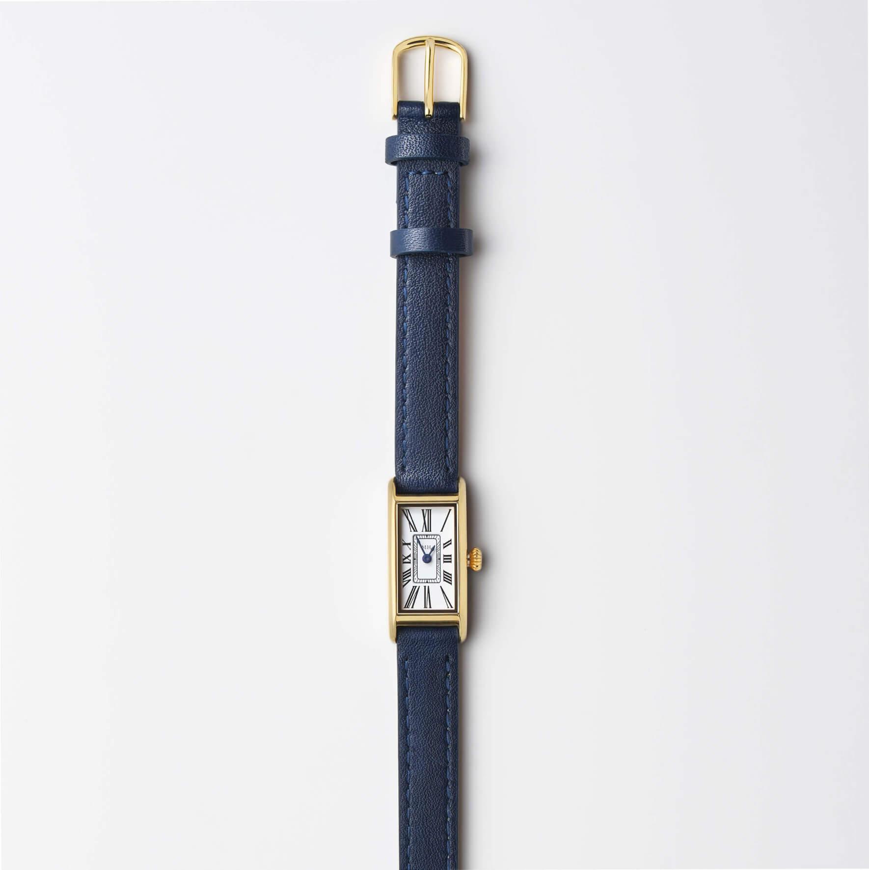 Navy Kimsey Watch in Brown Leather “Double Wrap” Strap and gold hardware