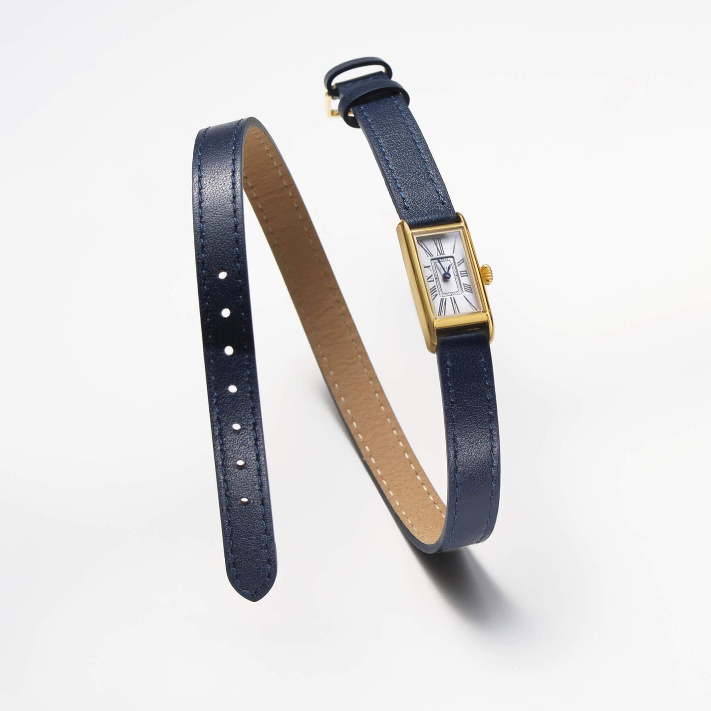 Navy Kimsey Watch in Brown Leather “Double Wrap” Strap and gold hardware