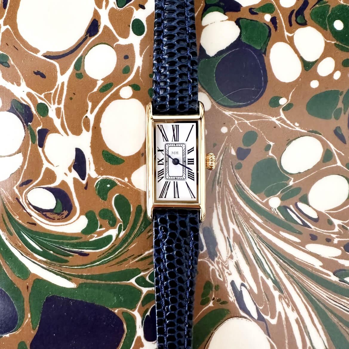 Kimsey Watch Strap: Navy Lizard-Embossed Leather with gold hardware