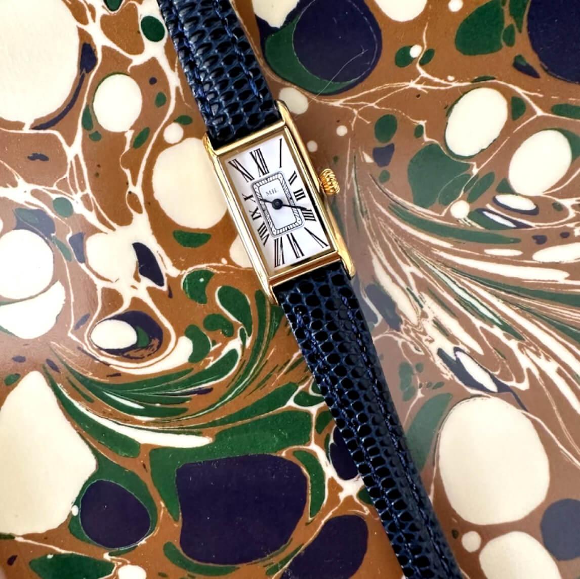 Kimsey Watch Strap: Navy Lizard-Embossed Leather with gold hardware